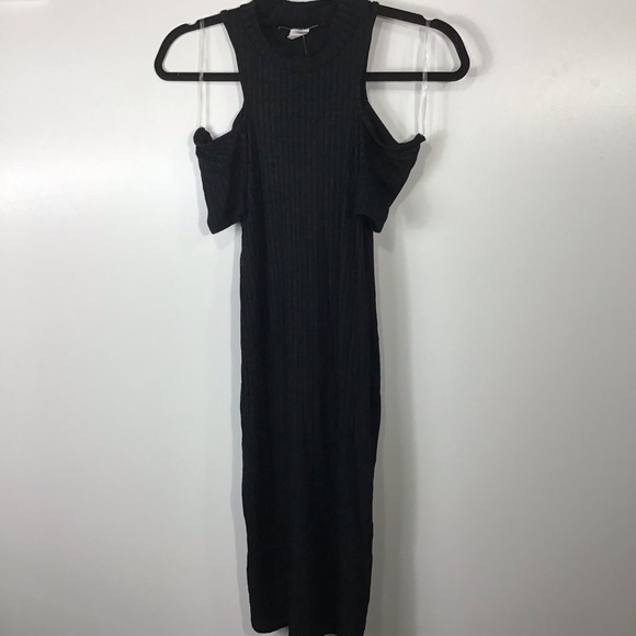 Black High Neck Ribbed Cold Shoulder MIDI Pencil Dress~S - Picture 4 of 9